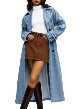 Chic Women's Denim Midi Trench Coat | Classic Lapel Long Overcoat Jacket